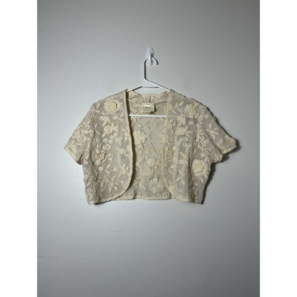 Meave Cropped Open Front Crochet Cardigan Sz Large Ivory‎ 100% Cotton Layering